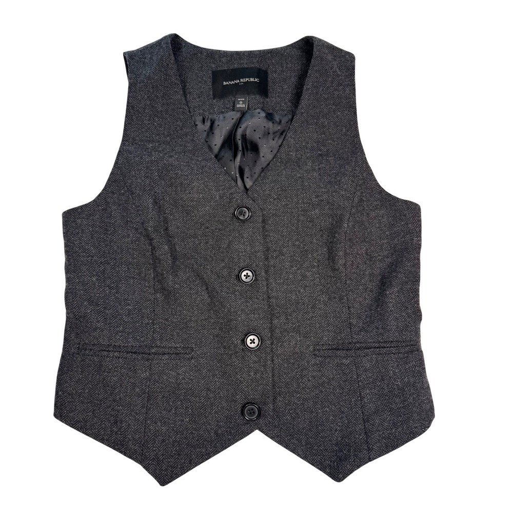 Banana Republic Women Herringbone Wool Blend Vest Charcoal Gray Petite 0 Office